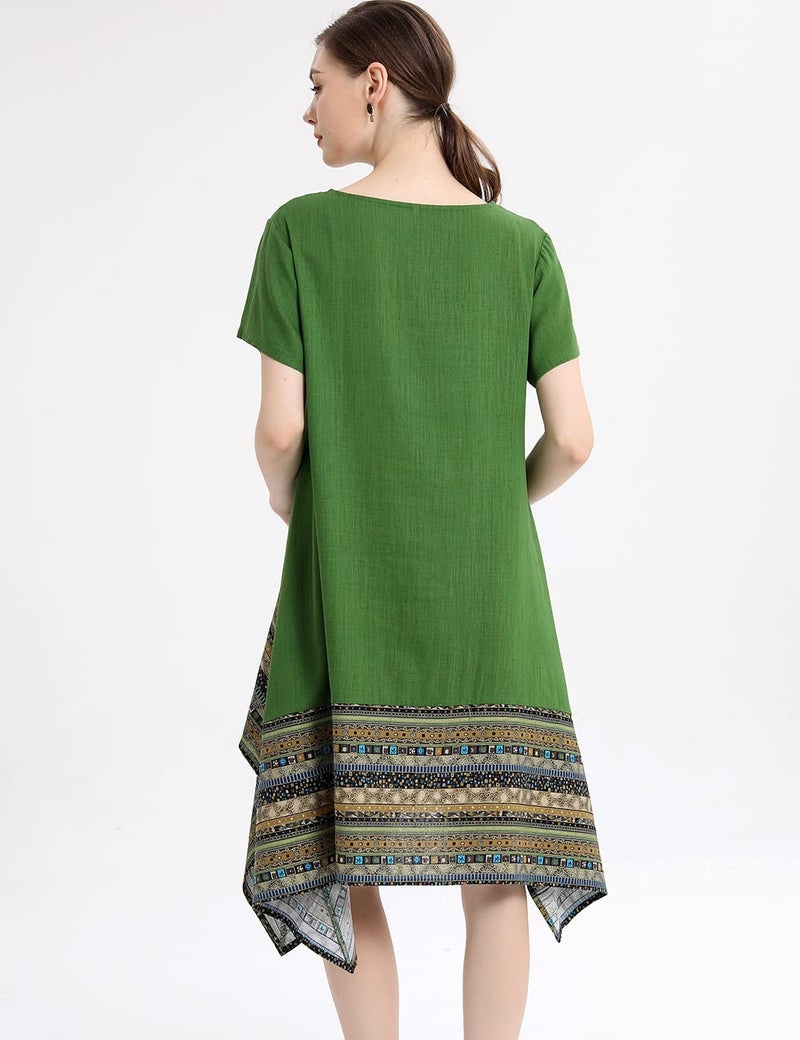Minibee Women's Ethnic Cotton Linen Short Sleeves Irregular Tunic Dress (L, Green) - Image 5
